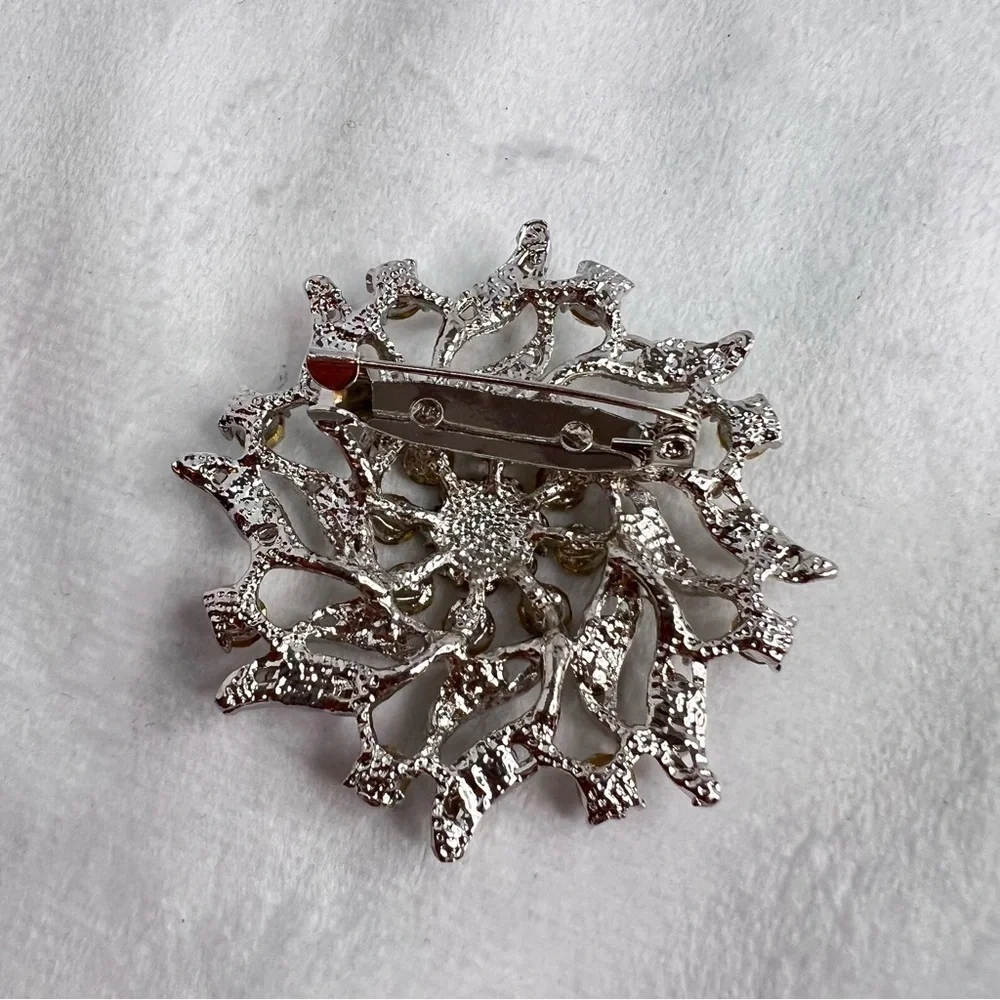 Layered Silvertone Flower Encrusted with Clear Crystal Jewelry Brooch